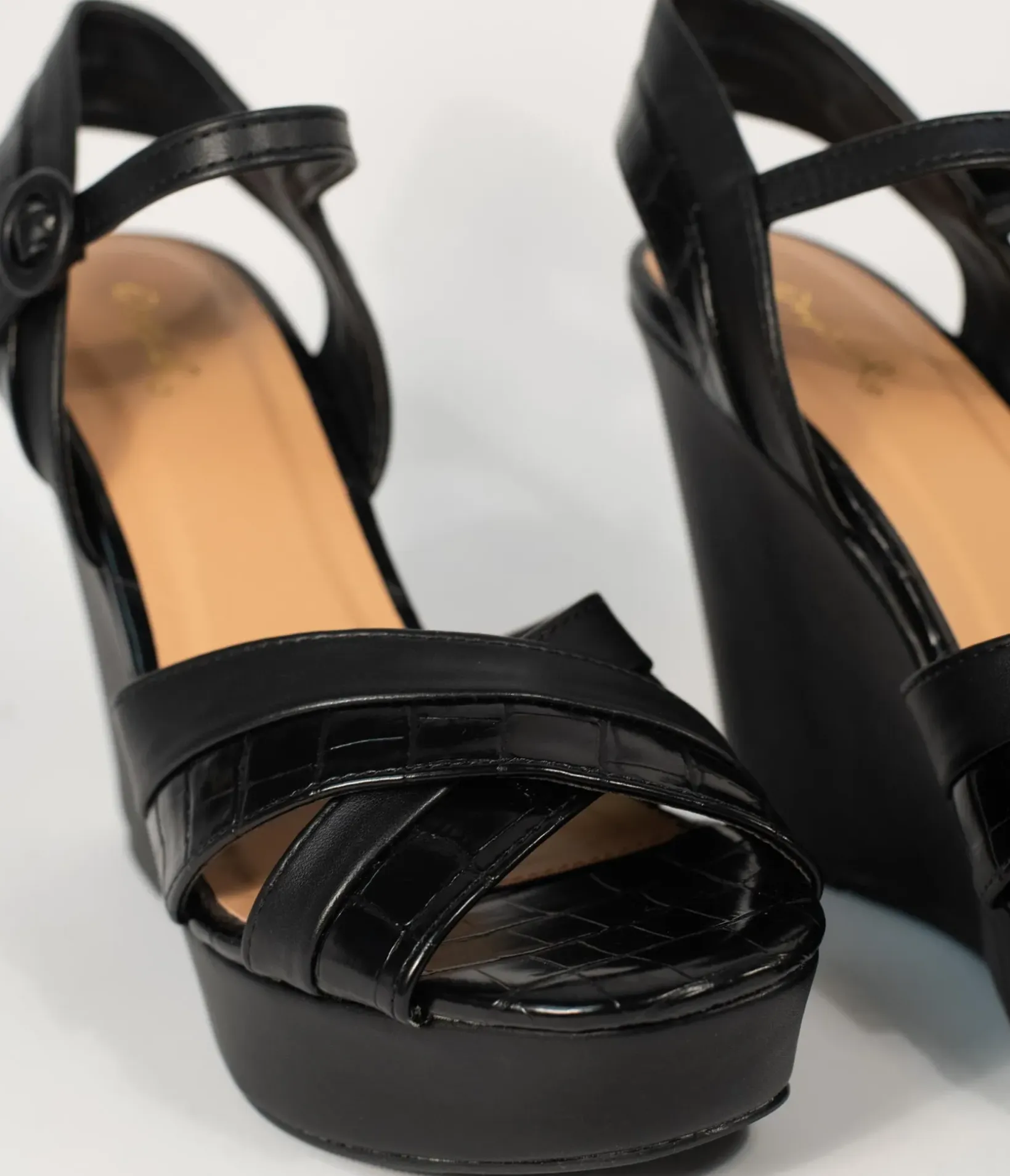 Unique Vintage Heels|Wedges>Black Crocodile Embossed Cross Wedge Sandals