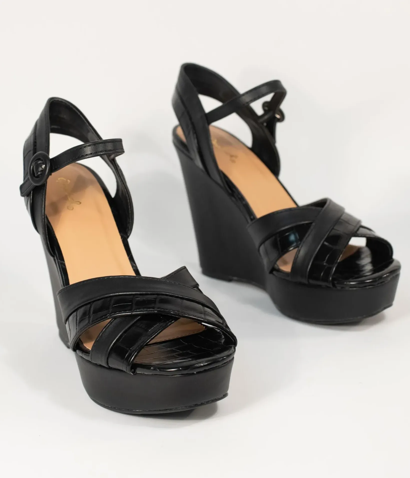 Unique Vintage Heels|Wedges>Black Crocodile Embossed Cross Wedge Sandals
