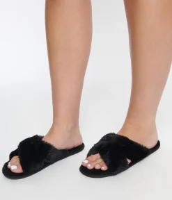 Unique Vintage Slippers>Black Cross Strap Fuzzy Slippers