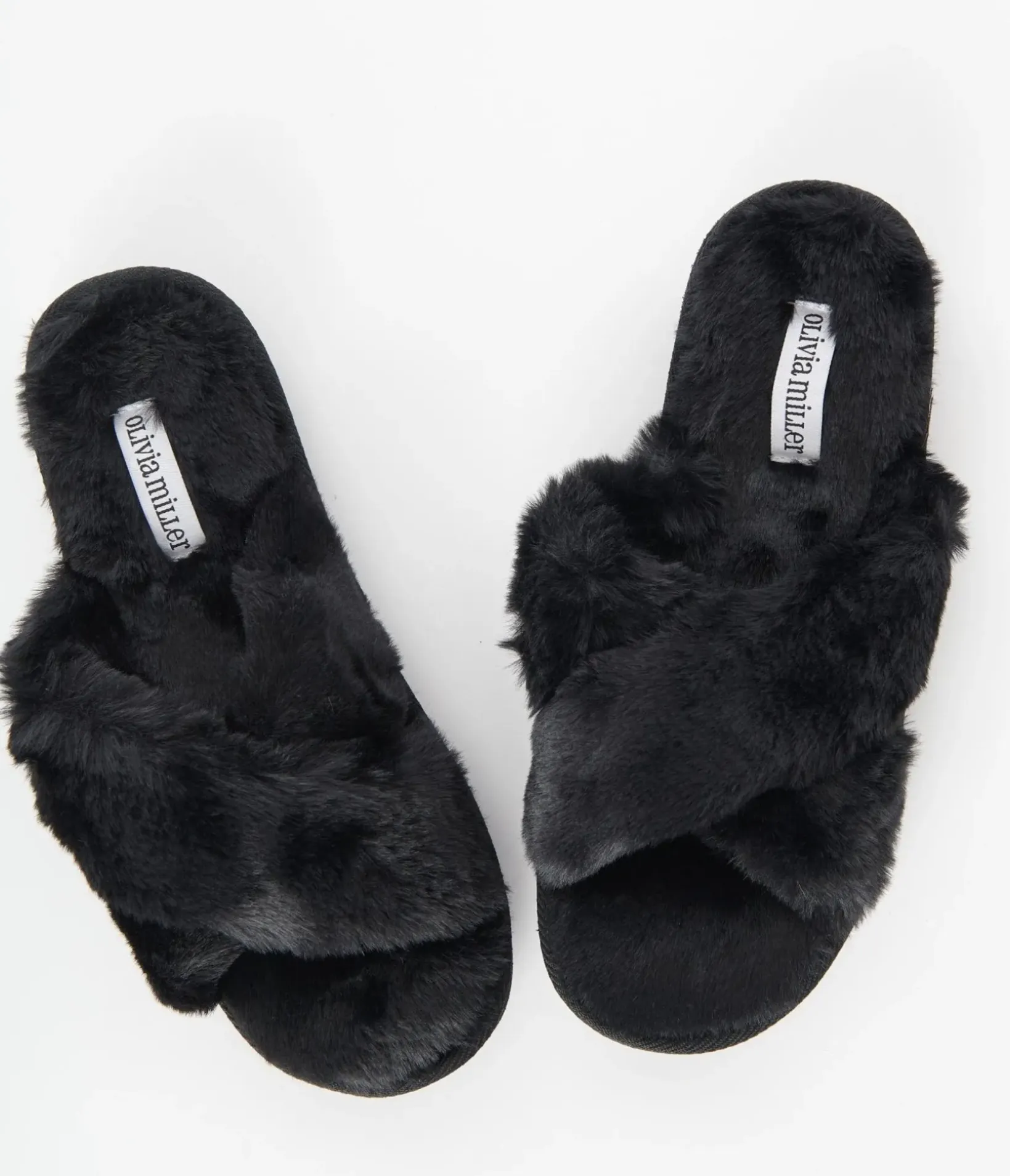 Unique Vintage Slippers>Black Cross Strap Fuzzy Slippers