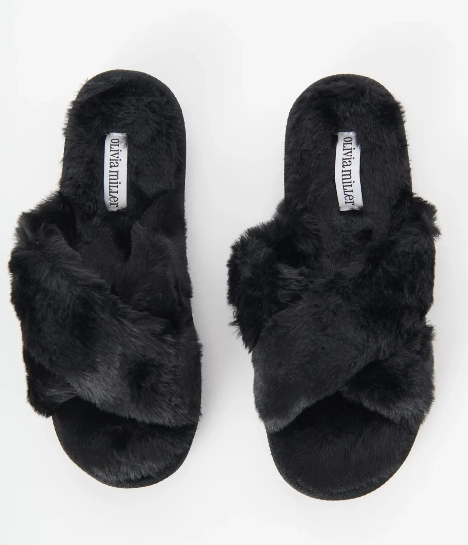 Unique Vintage Slippers>Black Cross Strap Fuzzy Slippers