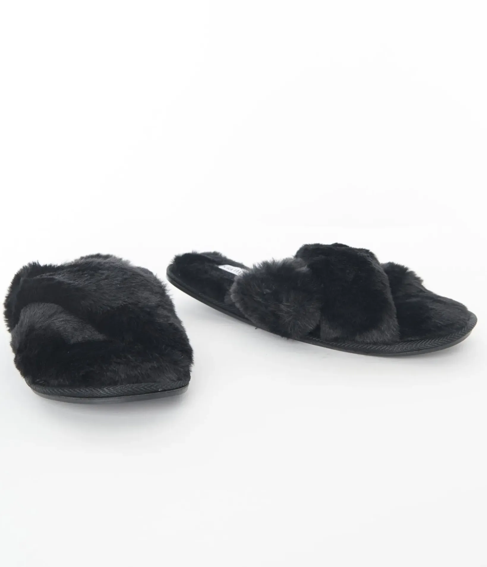 Unique Vintage Slippers>Black Cross Strap Fuzzy Slippers