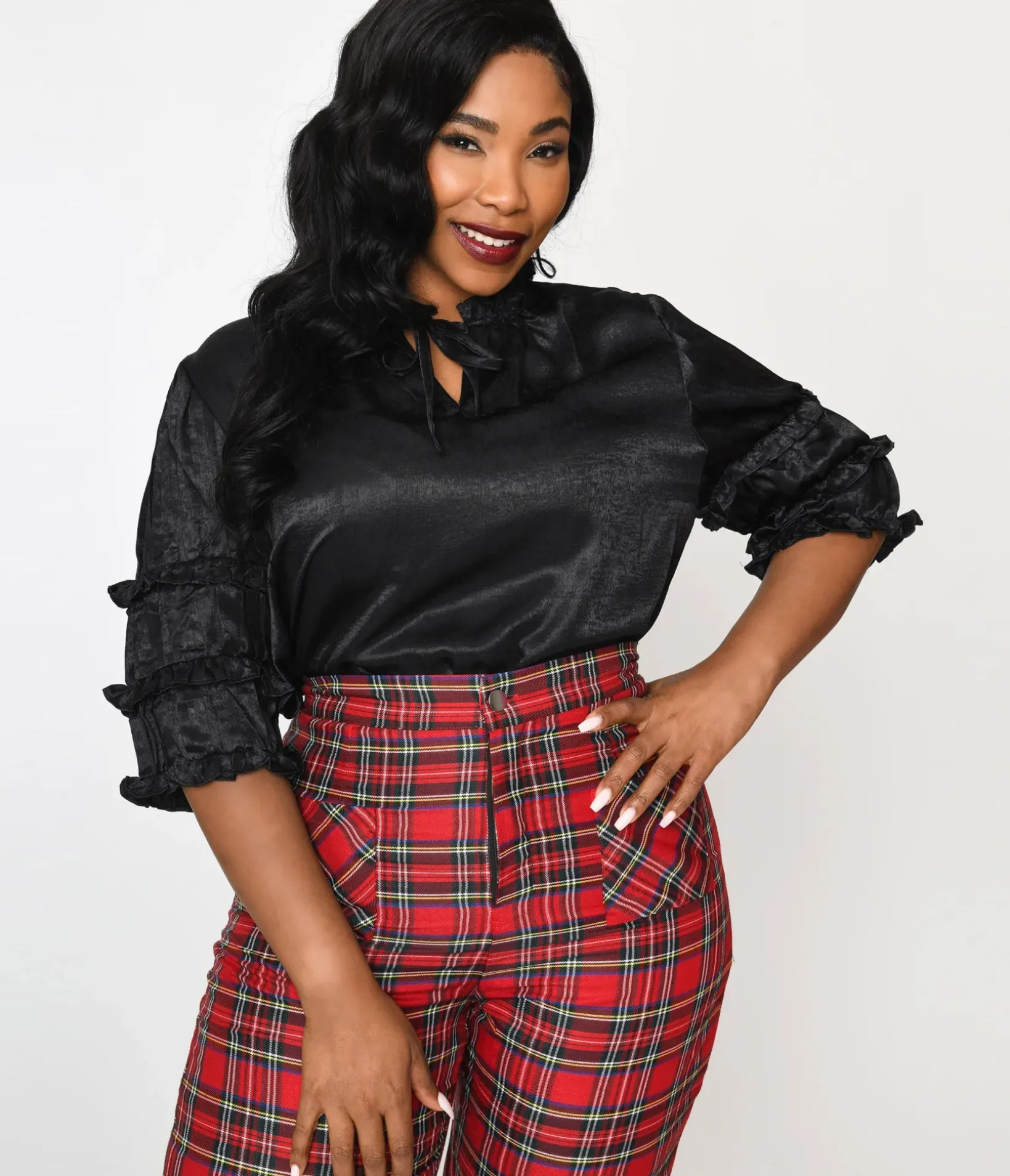 Unique Vintage Blouses|Blouses>Black Crushed Satin Ruffle Blouse