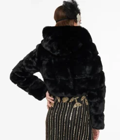 Unique Vintage Coats & Jackets>Black Faux Fur Puffer Crop Jacket