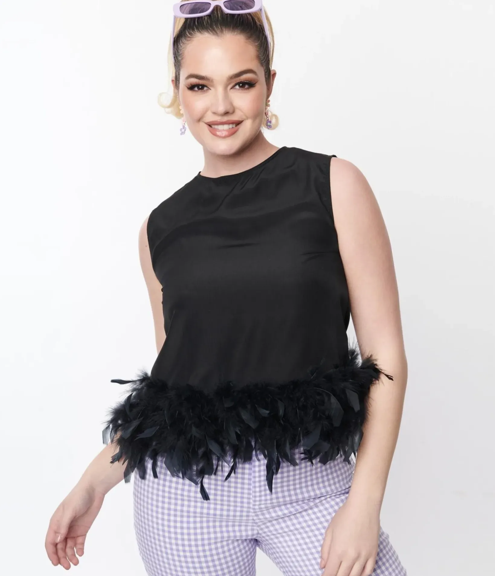 Unique Vintage Blouses>Black Feather Trim Top
