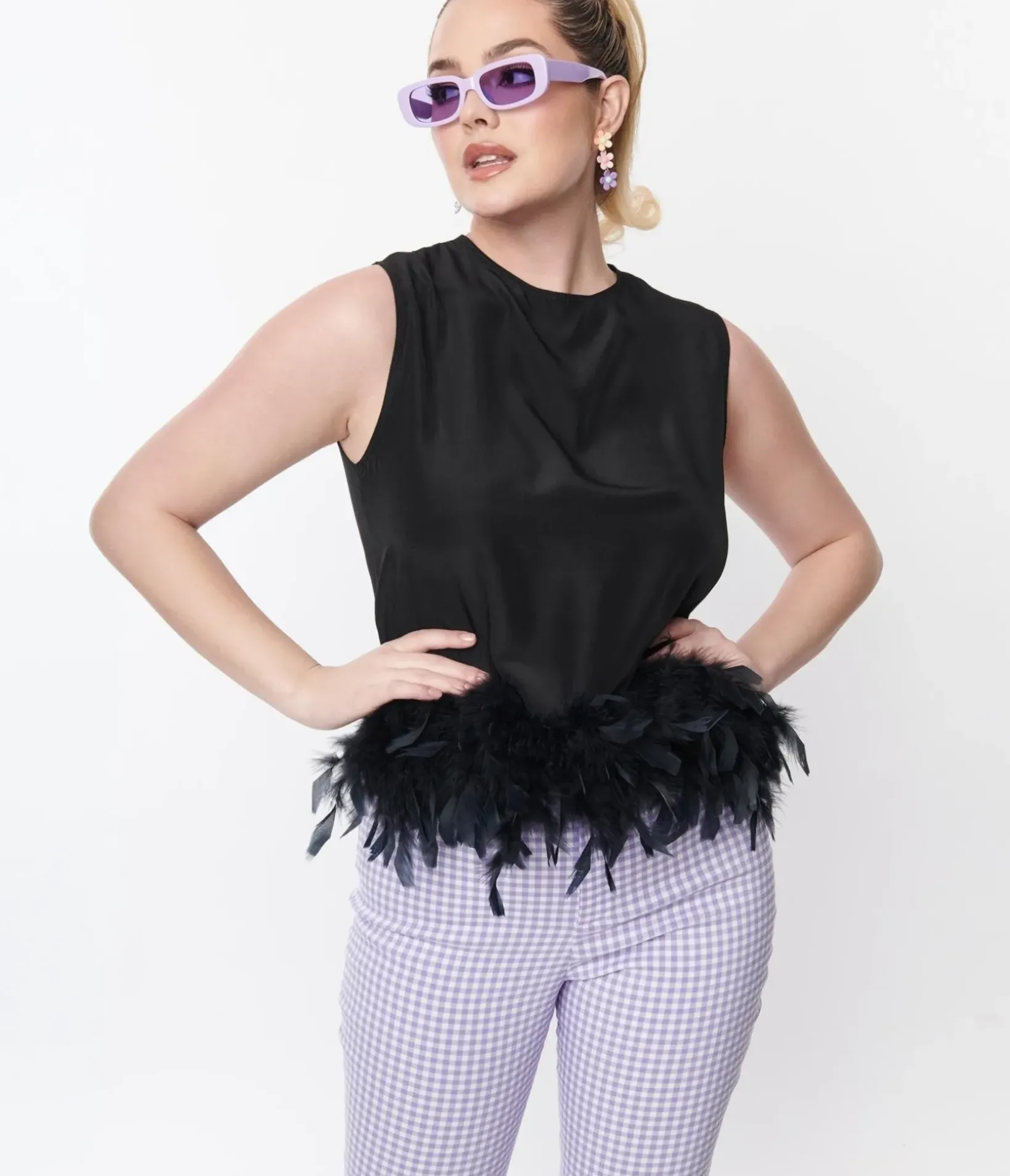 Unique Vintage Blouses>Black Feather Trim Top