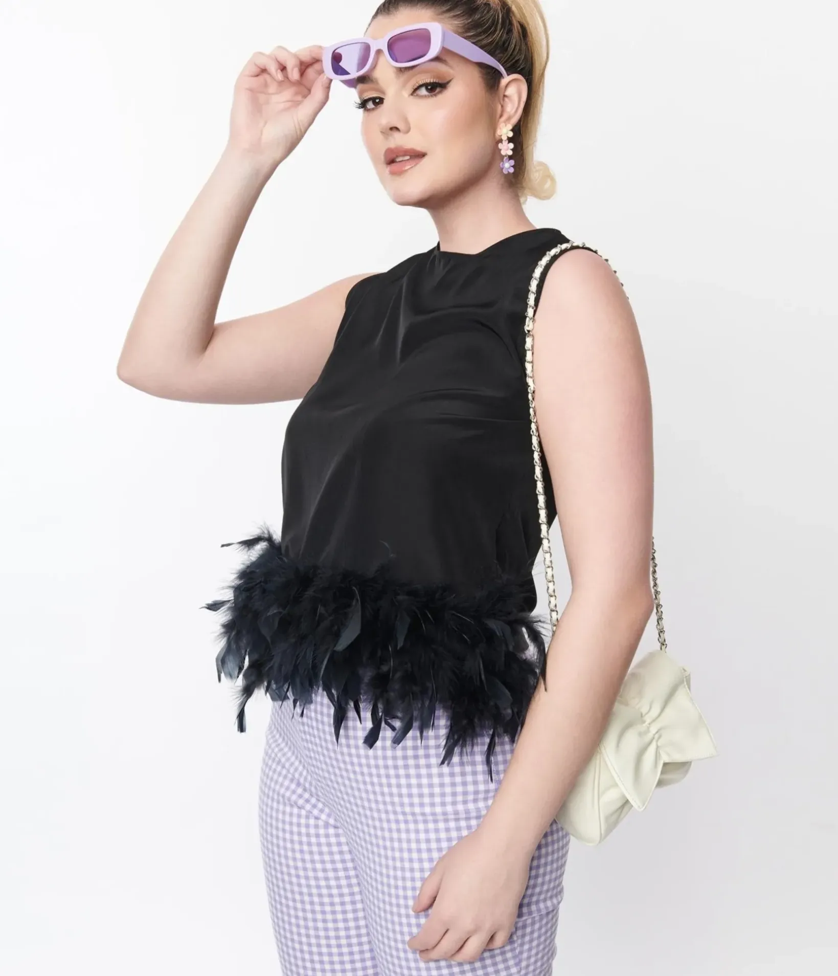 Unique Vintage Blouses>Black Feather Trim Top