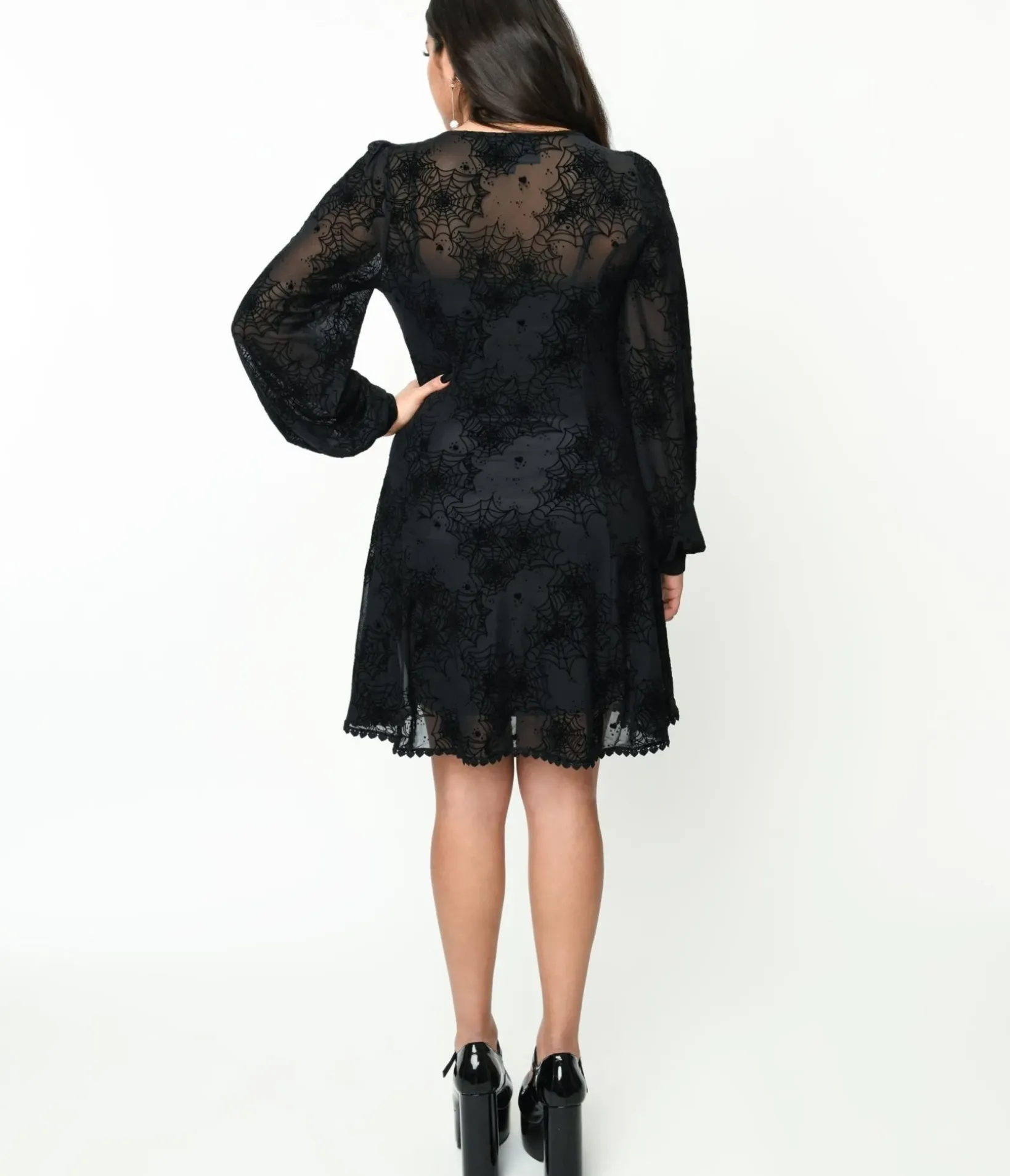 Unique Vintage Everyday Dresses|All Things Black>Black Flocked Spiderweb Penny Mini Dress