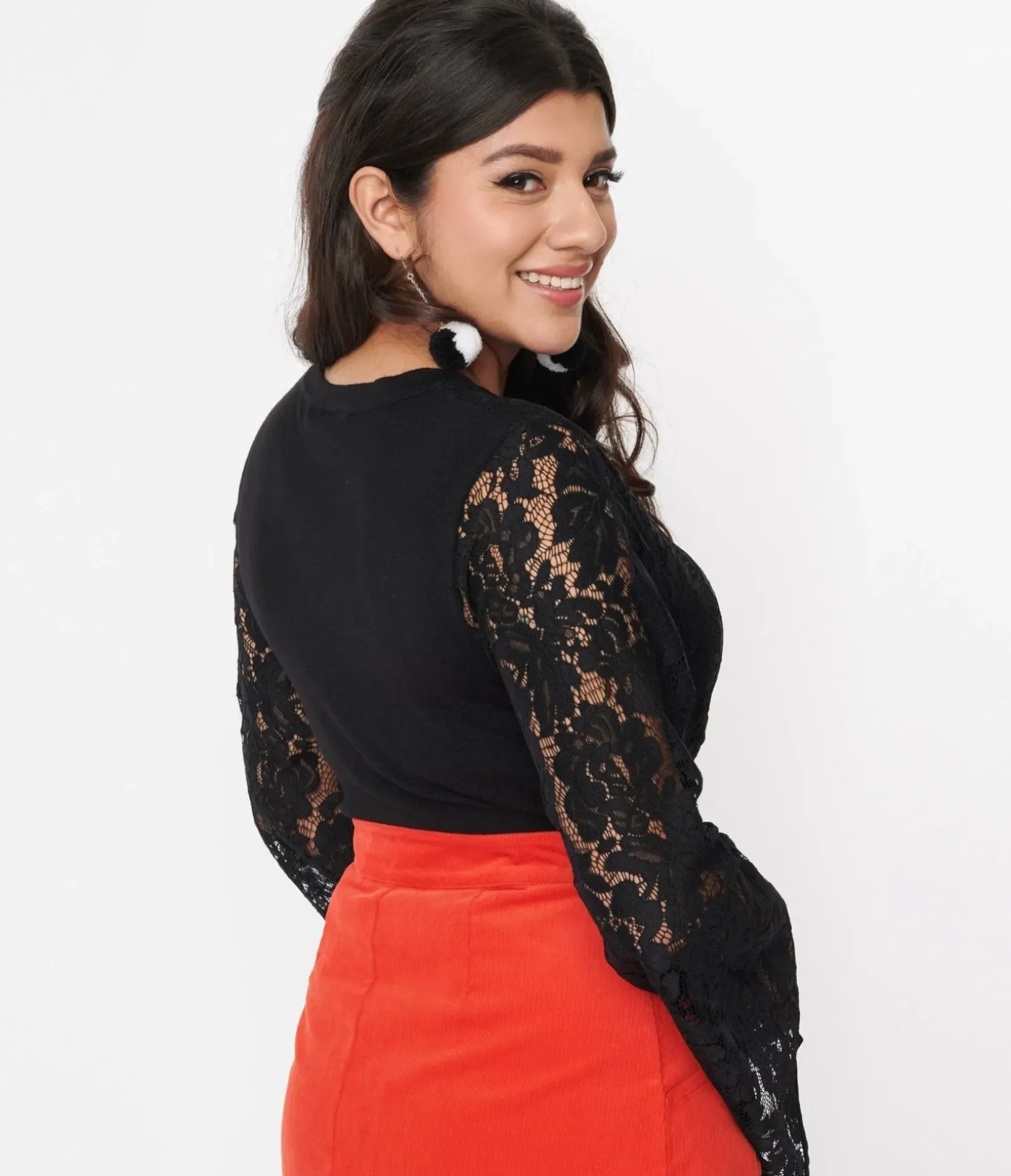 Unique Vintage Sweaters & Cardigans>Black Floral Lace Bell Sleeve Cardigan
