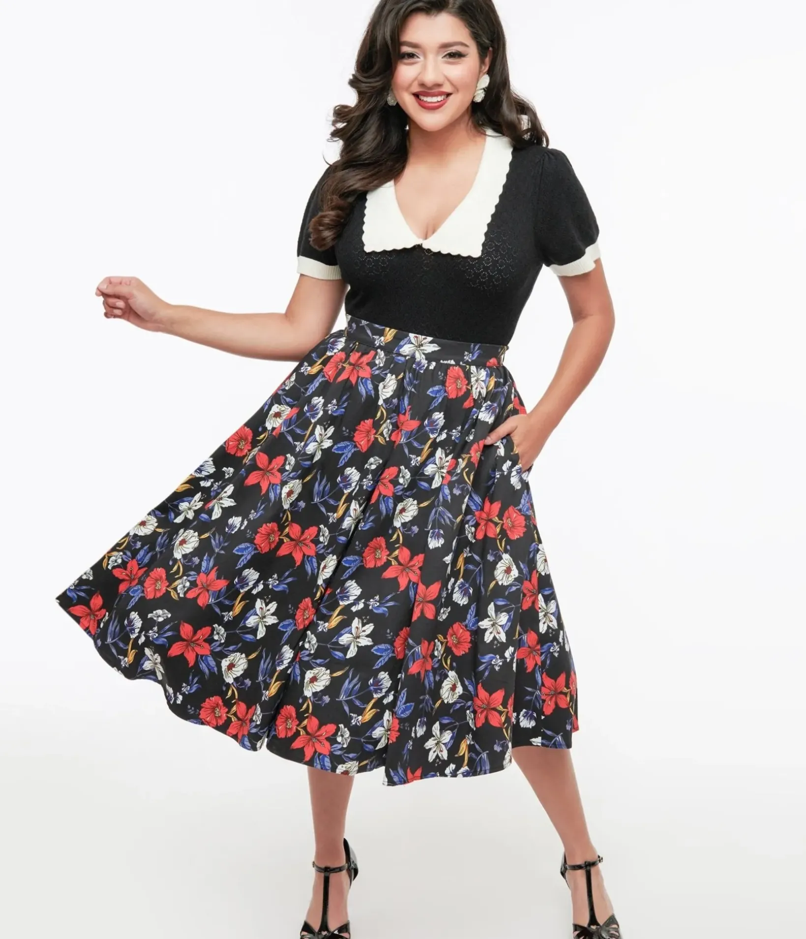 Unique Vintage Skirts|Skirts>Black Floral Print Milly Swing Skirt