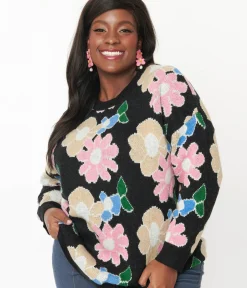 Unique Vintage Sweaters & Cardigans|Sweaters & Cardigans>Black Floral Pullover Sweater
