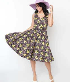 Unique Vintage Swing|Pocket Dresses>Black Floral Ria Swing Dress