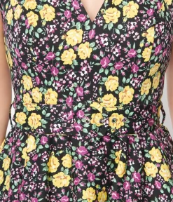 Unique Vintage Swing|Pocket Dresses>Black Floral Ria Swing Dress