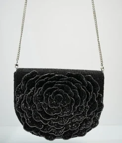 Unique Vintage Novelty Bags>Black Flower Beaded Crossbody Bag