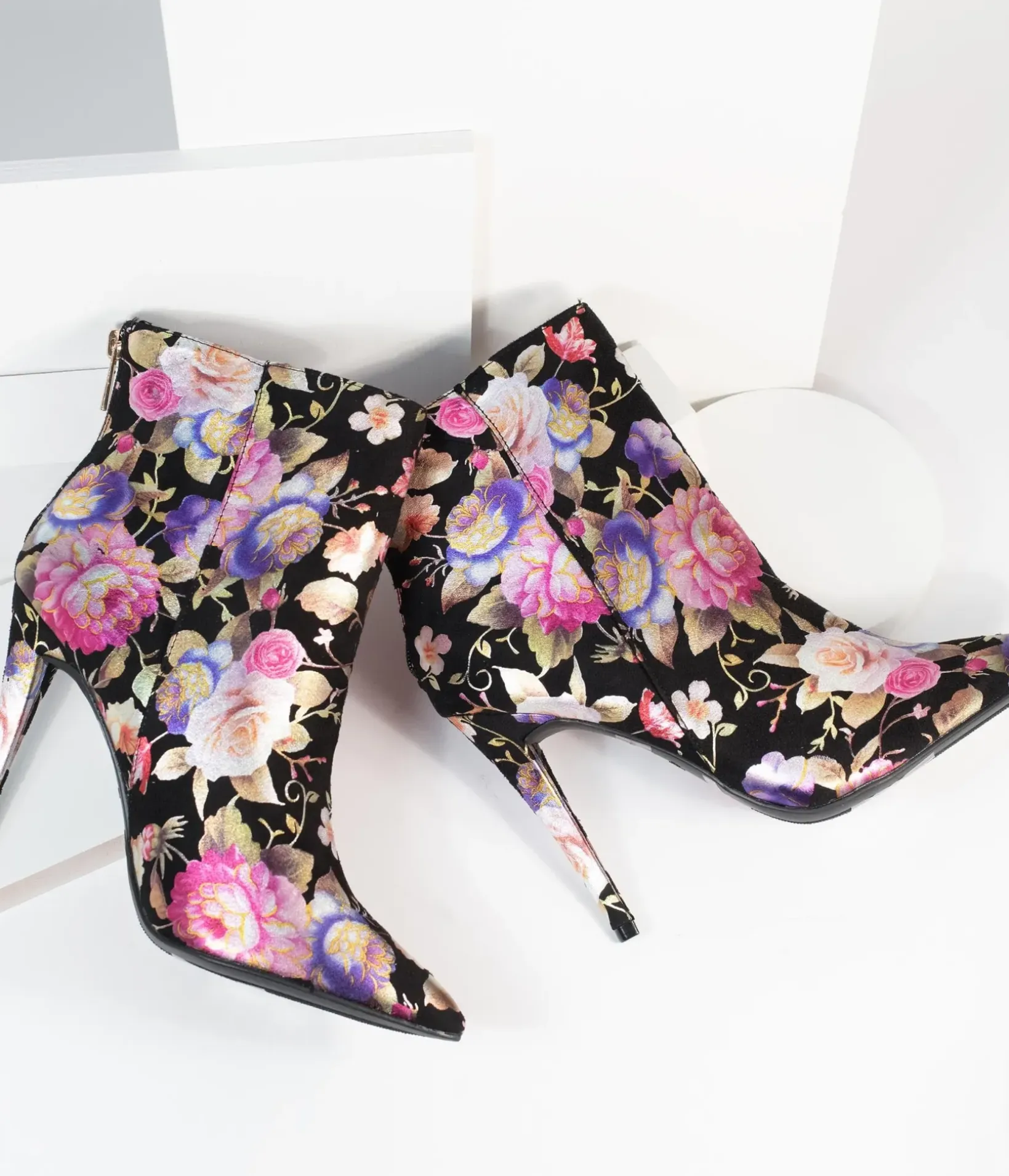 Unique Vintage Boots|Heels>Black & Gleaming Floral Suede Stiletto Bootie