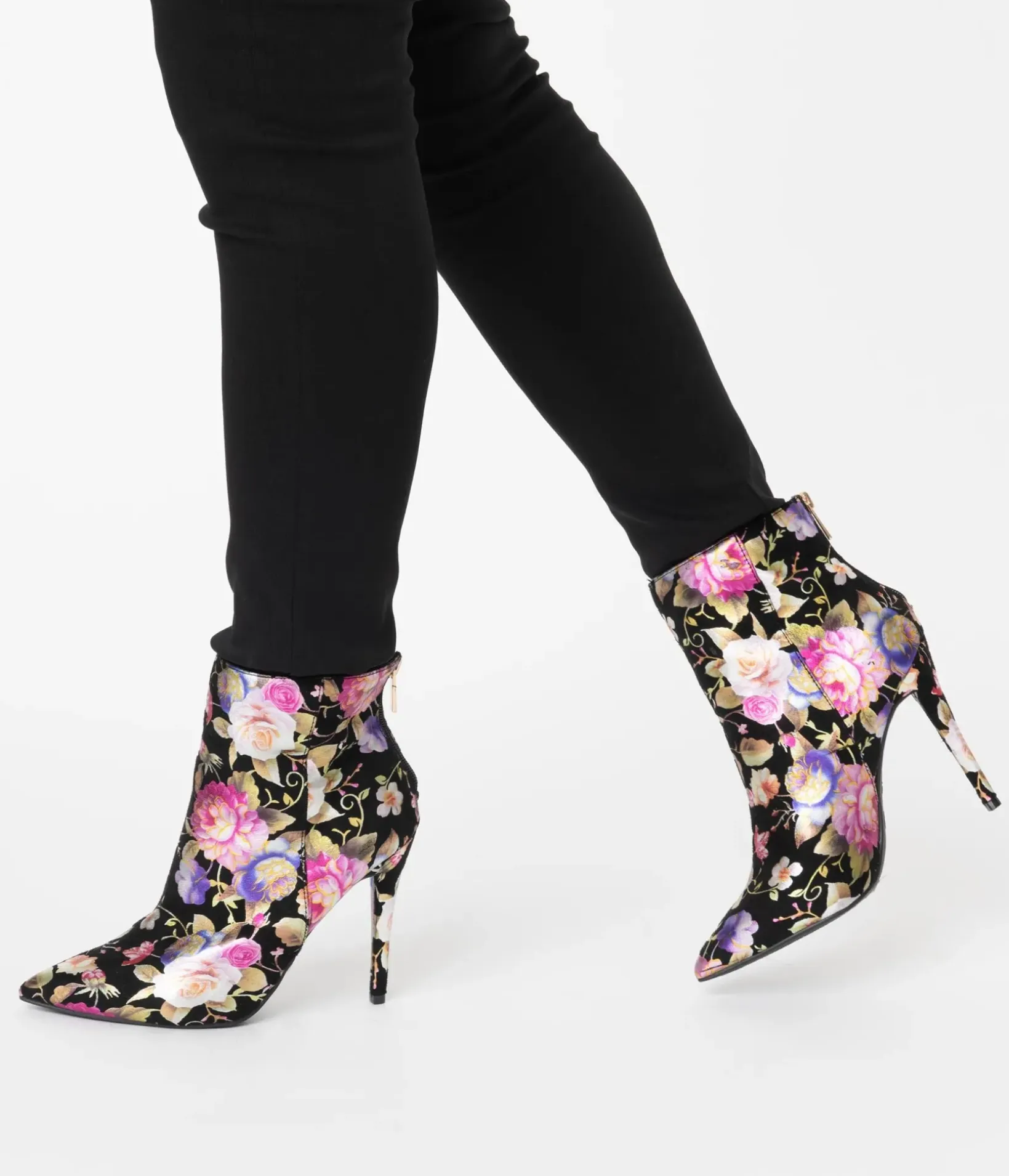 Unique Vintage Boots|Heels>Black & Gleaming Floral Suede Stiletto Bootie