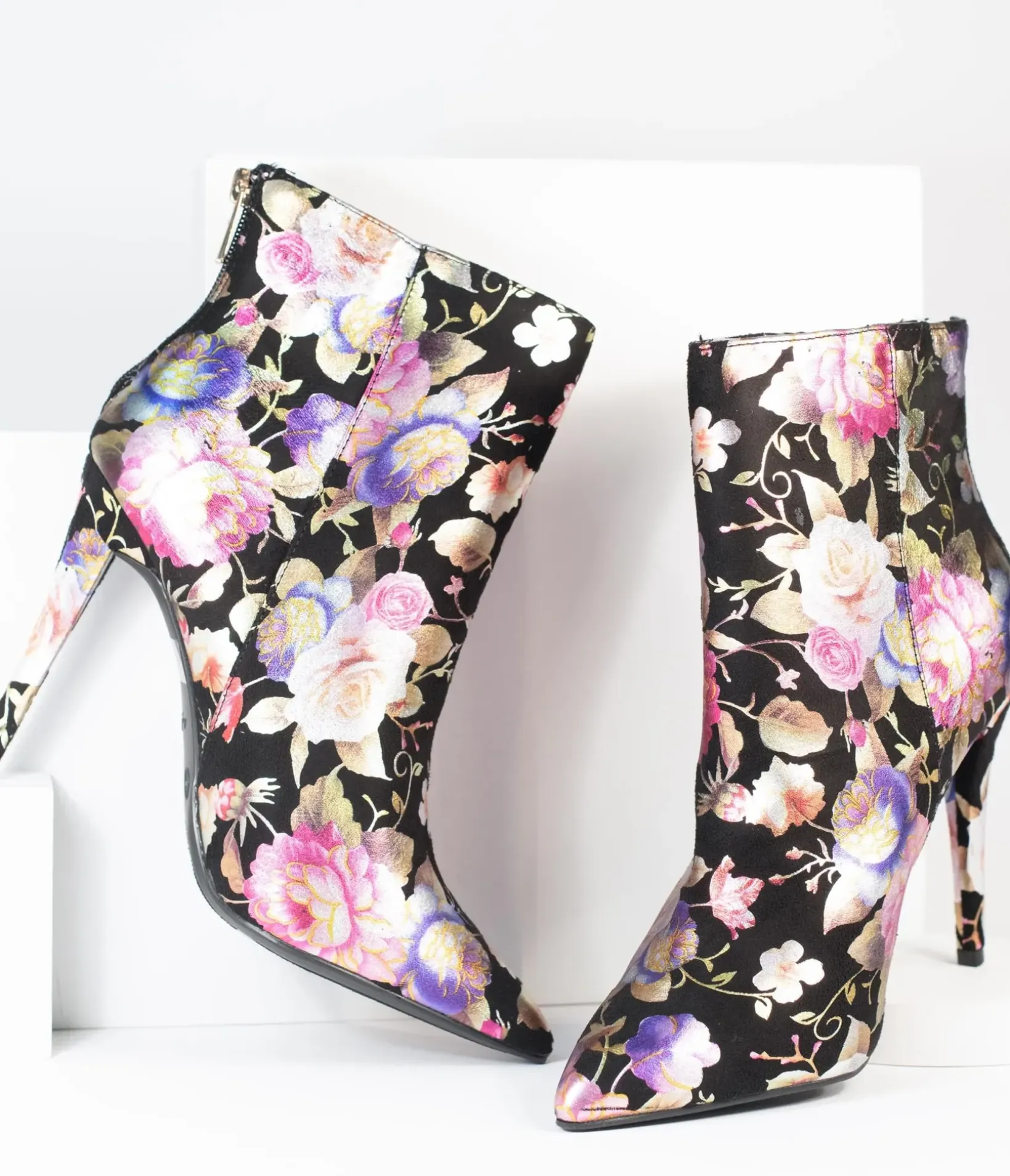 Unique Vintage Boots|Heels>Black & Gleaming Floral Suede Stiletto Bootie