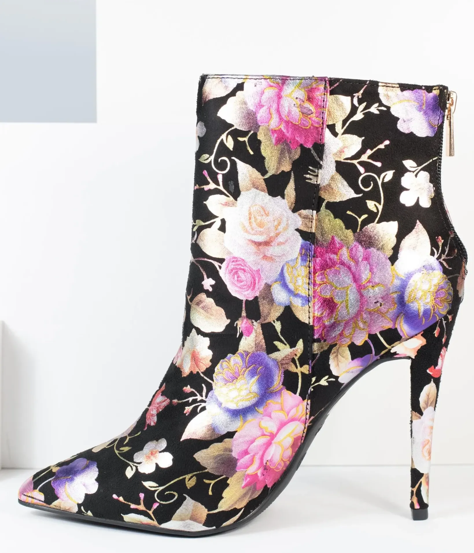 Unique Vintage Boots|Heels>Black & Gleaming Floral Suede Stiletto Bootie