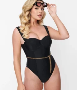 Unique Vintage One Piece Swim|Bachelorette>Black & Gold Chain Resort One Piece Swimsuit