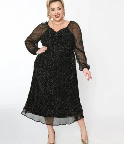 Unique Vintage Maxi|Midi & Maxi>Black & Gold Foil Pin Dot Pleated Midi Dress