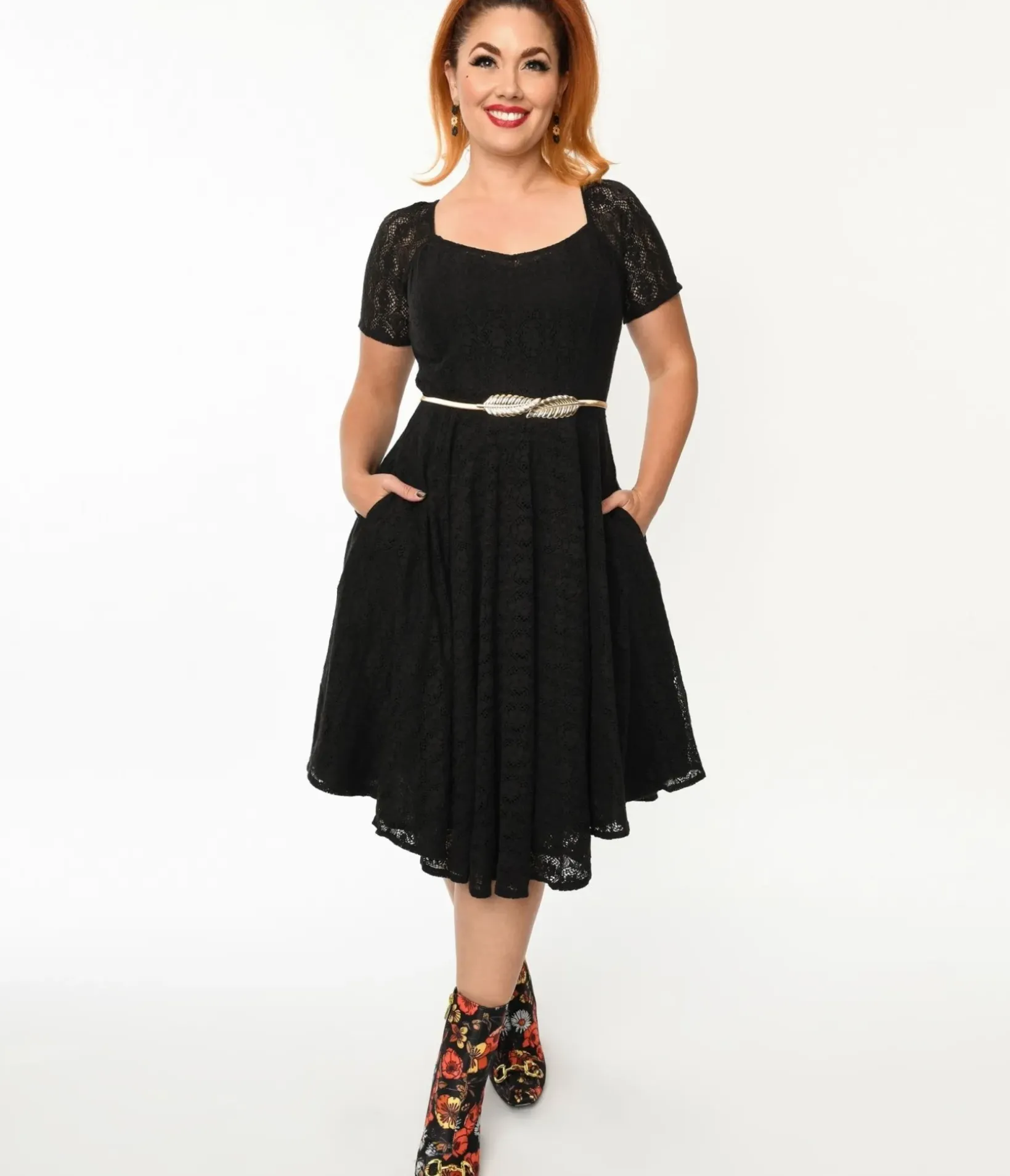 Unique Vintage Swing|Pocket Dresses>Black Lace Penny Swing Dress