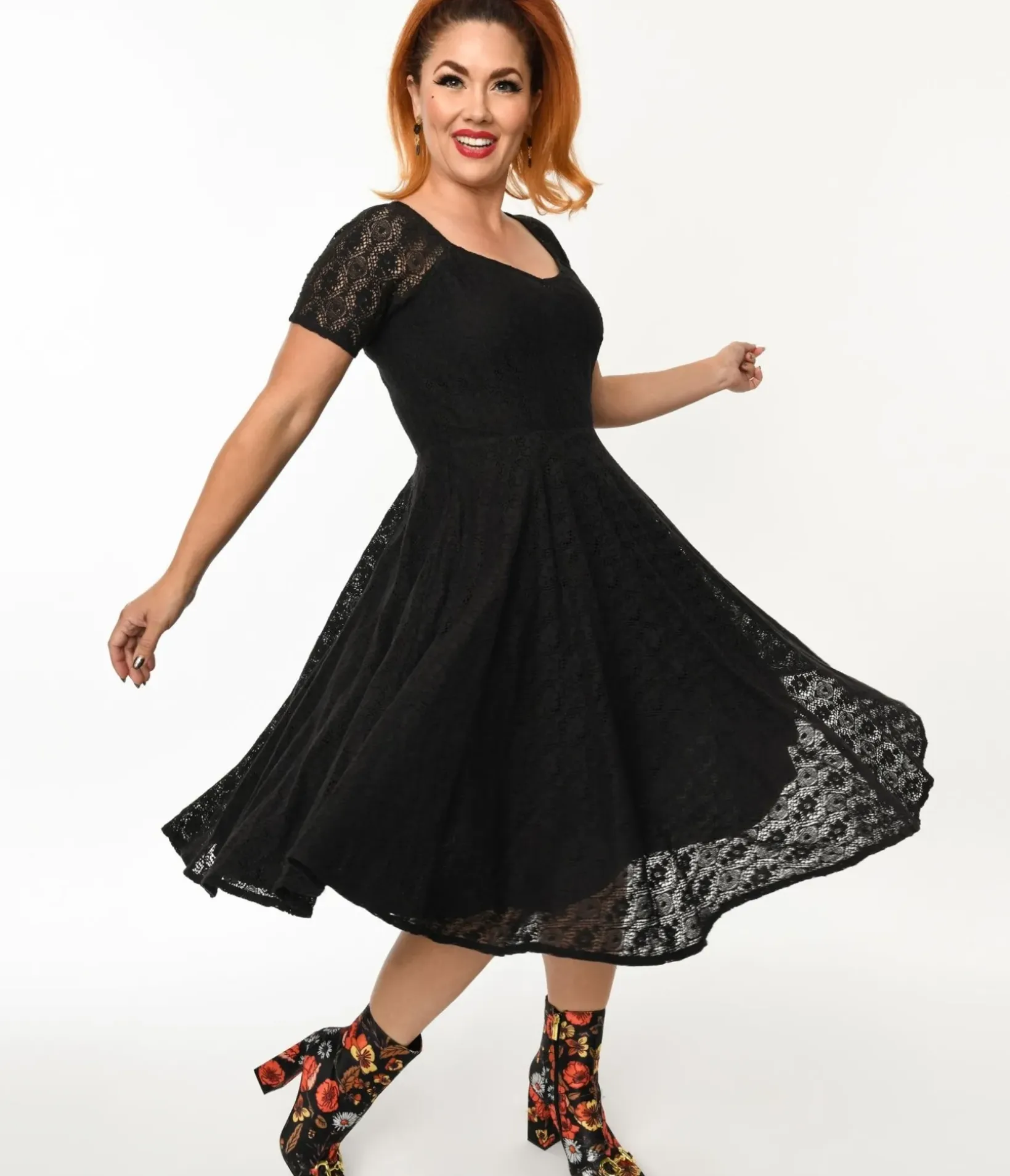 Unique Vintage Swing|Pocket Dresses>Black Lace Penny Swing Dress