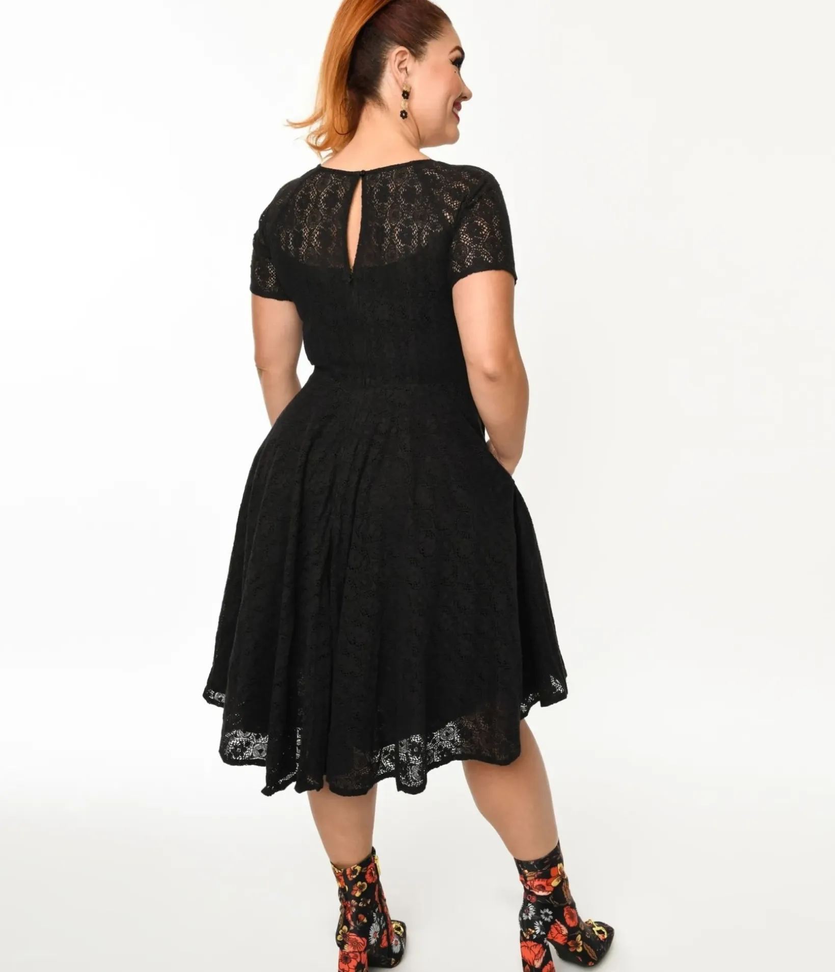 Unique Vintage Swing|Pocket Dresses>Black Lace Penny Swing Dress