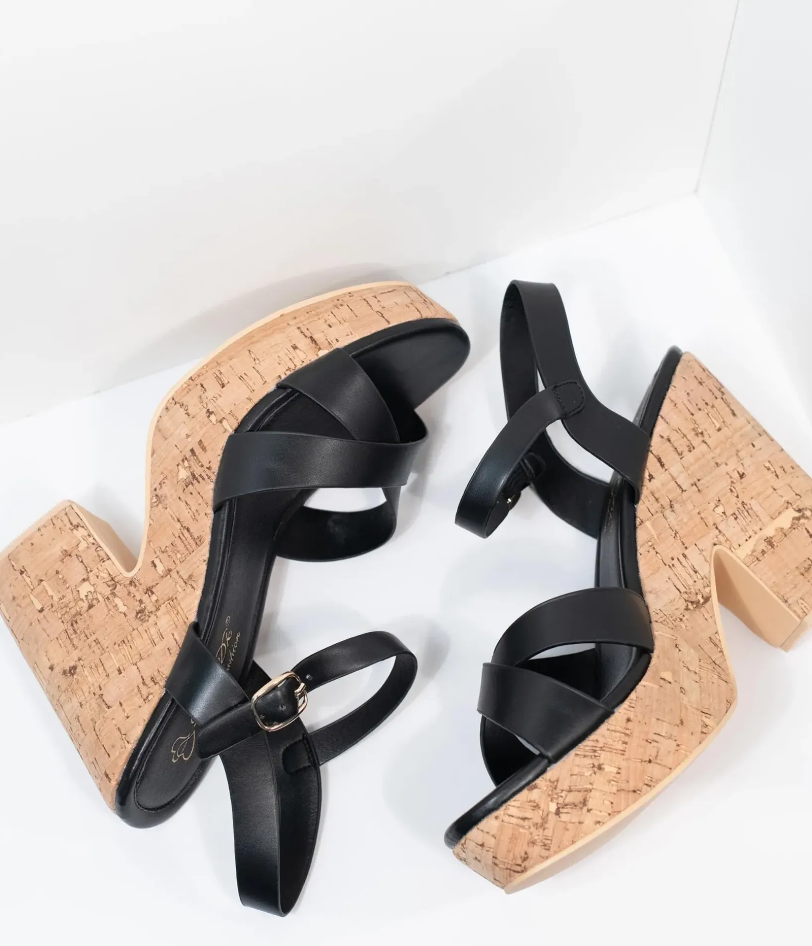 Unique Vintage Heels|Sandals>Black Leatherette & Cork Stacked Platform Heels