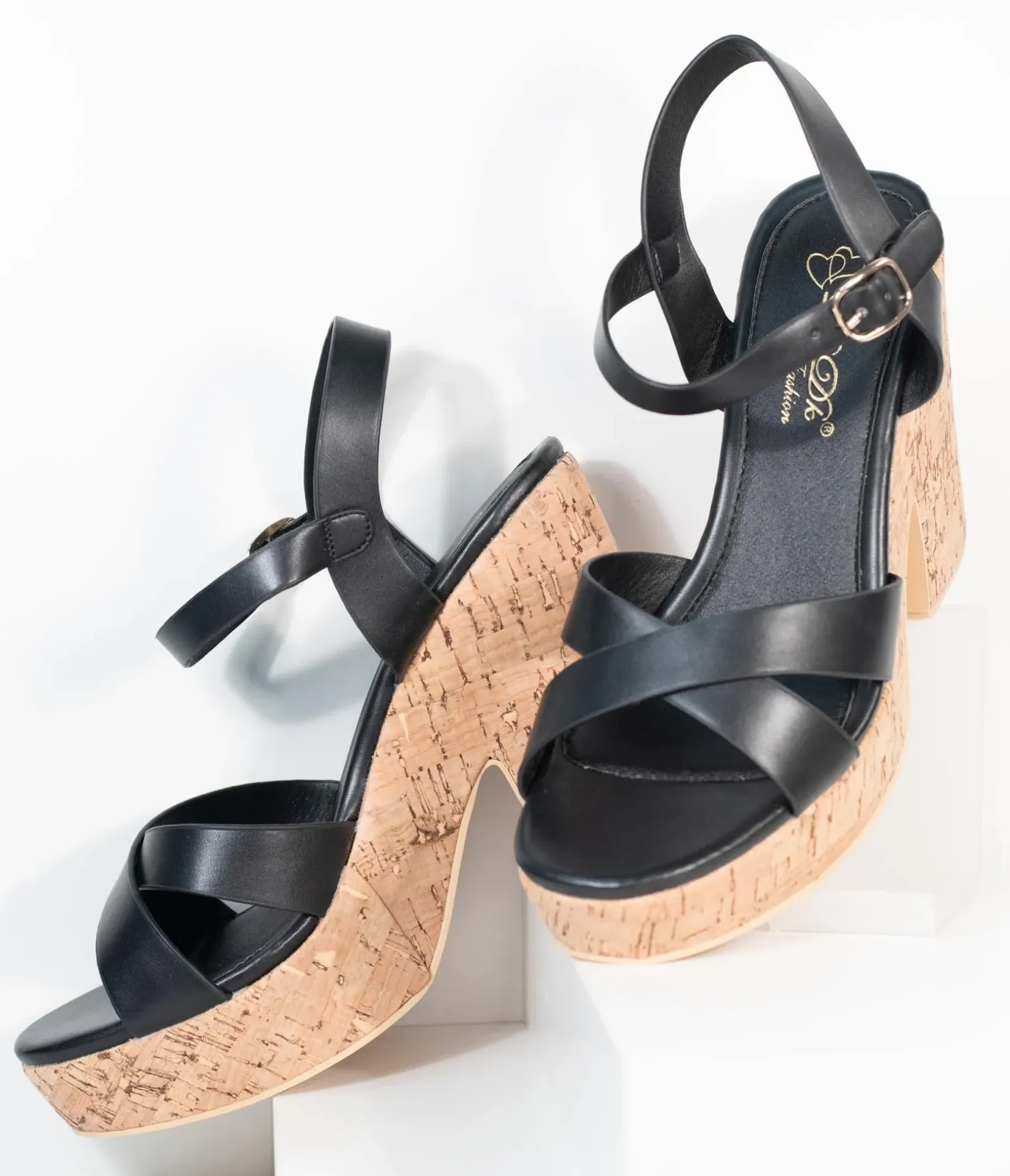 Unique Vintage Heels|Sandals>Black Leatherette & Cork Stacked Platform Heels