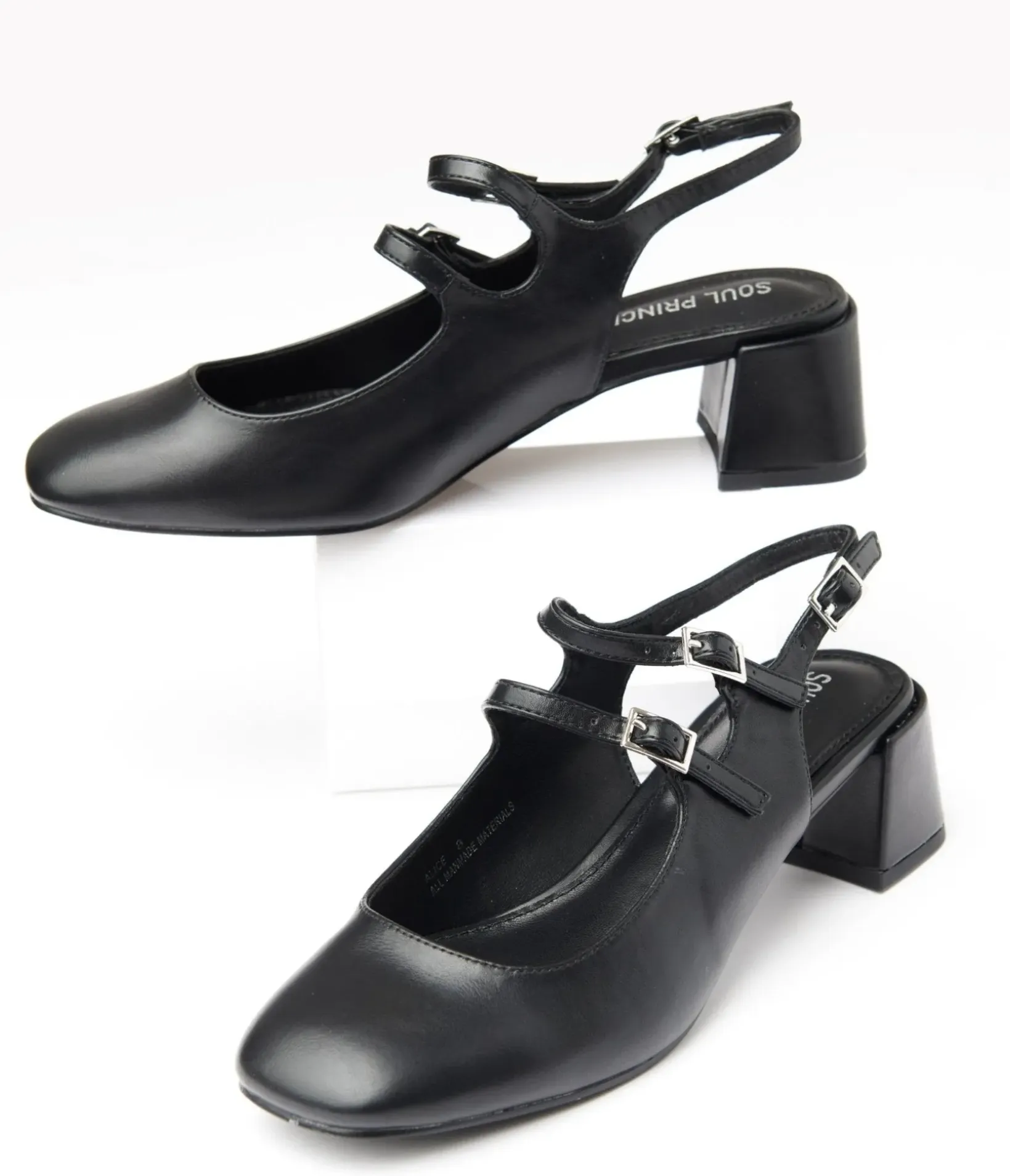 Unique Vintage Heels>Black Leatherette Double Strap Mary Jane Slingback Heels