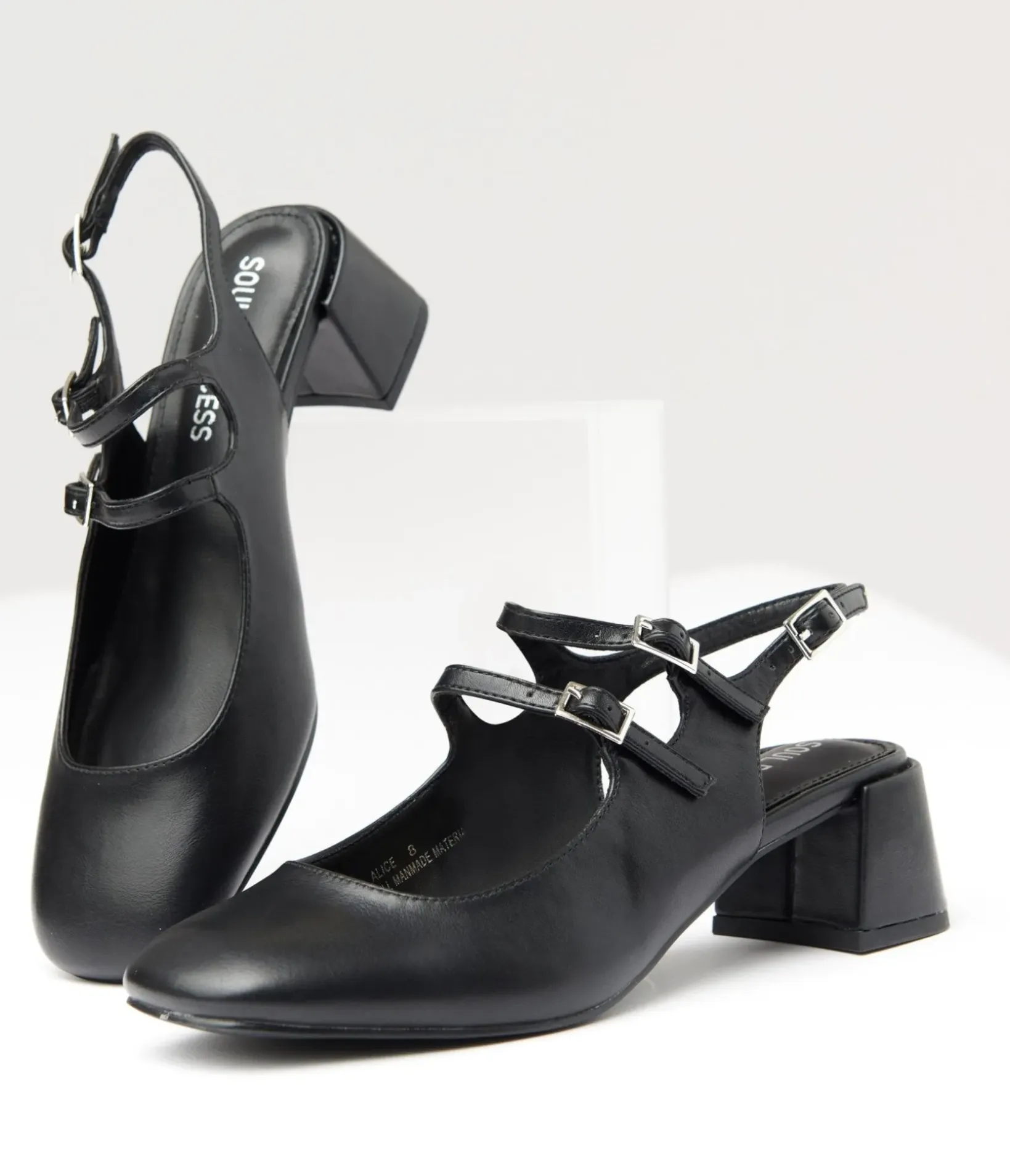 Unique Vintage Heels>Black Leatherette Double Strap Mary Jane Slingback Heels