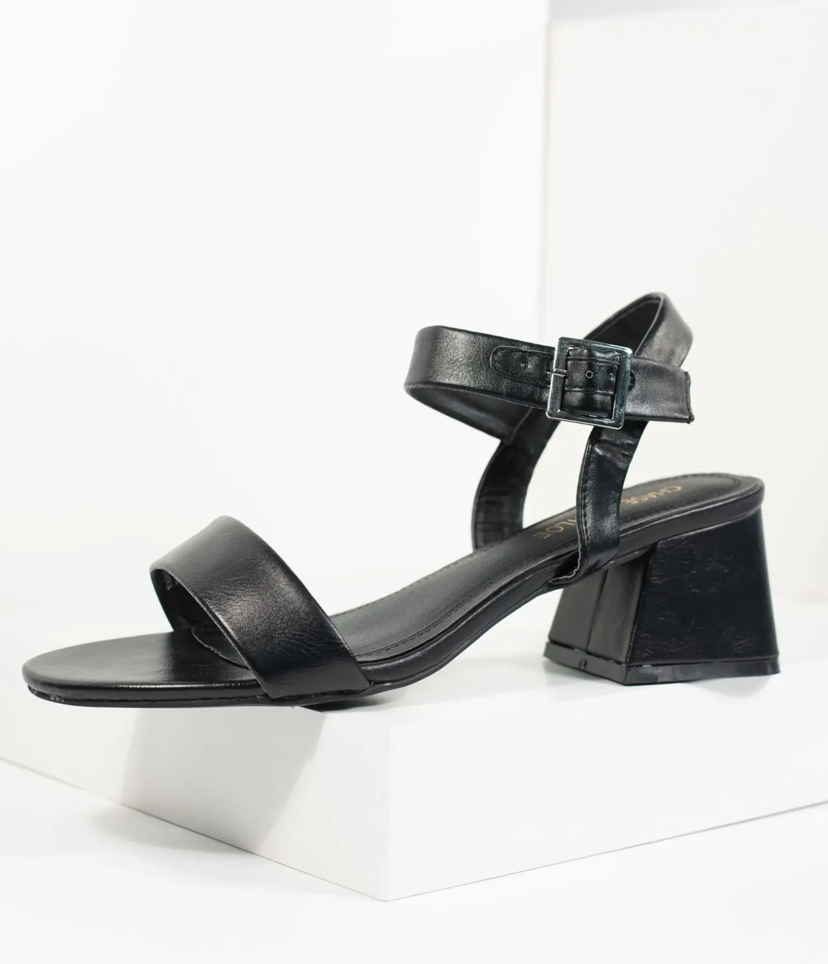 Unique Vintage Heels|Sandals>Black Leatherette Teagan Heeled Sandal
