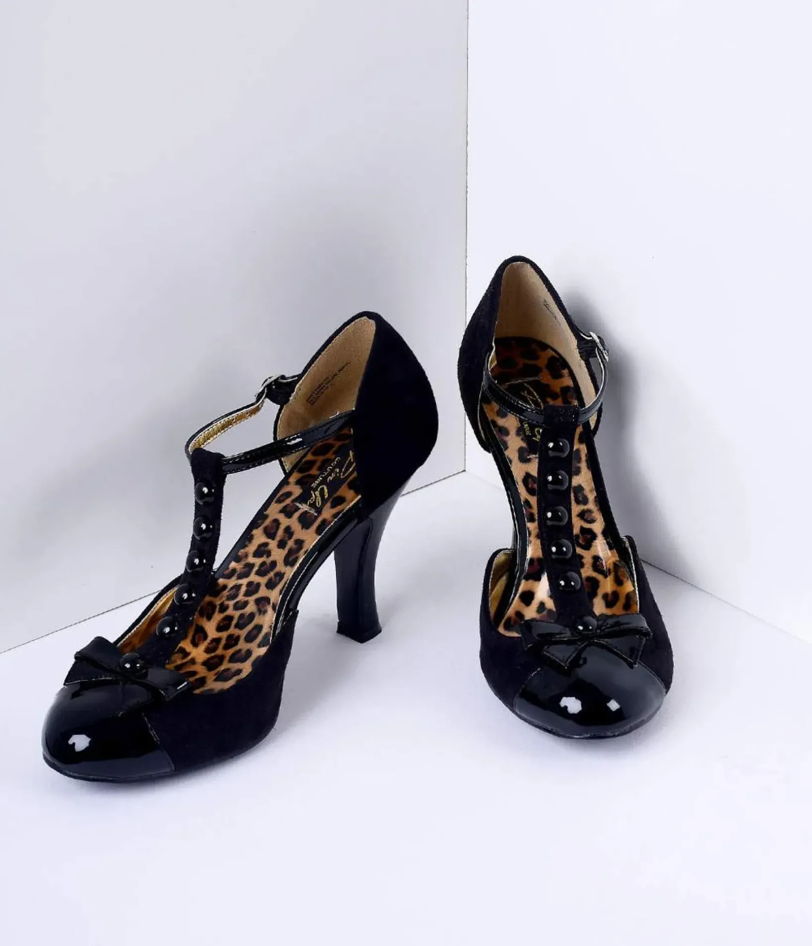 Unique Vintage Special Occasion|Heels>Black Microsuede Button Up T-Strap Heels