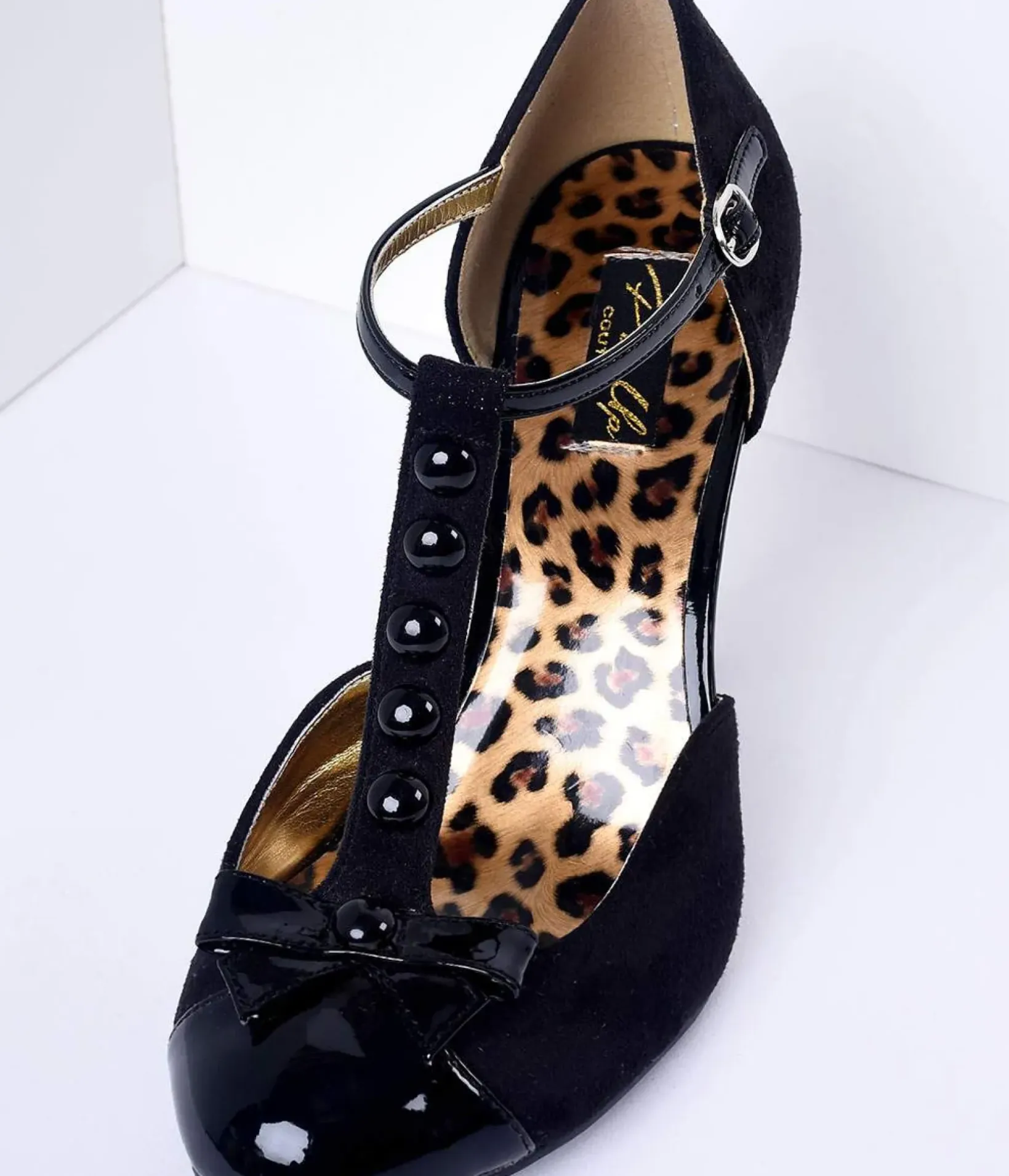 Unique Vintage Special Occasion|Heels>Black Microsuede Button Up T-Strap Heels