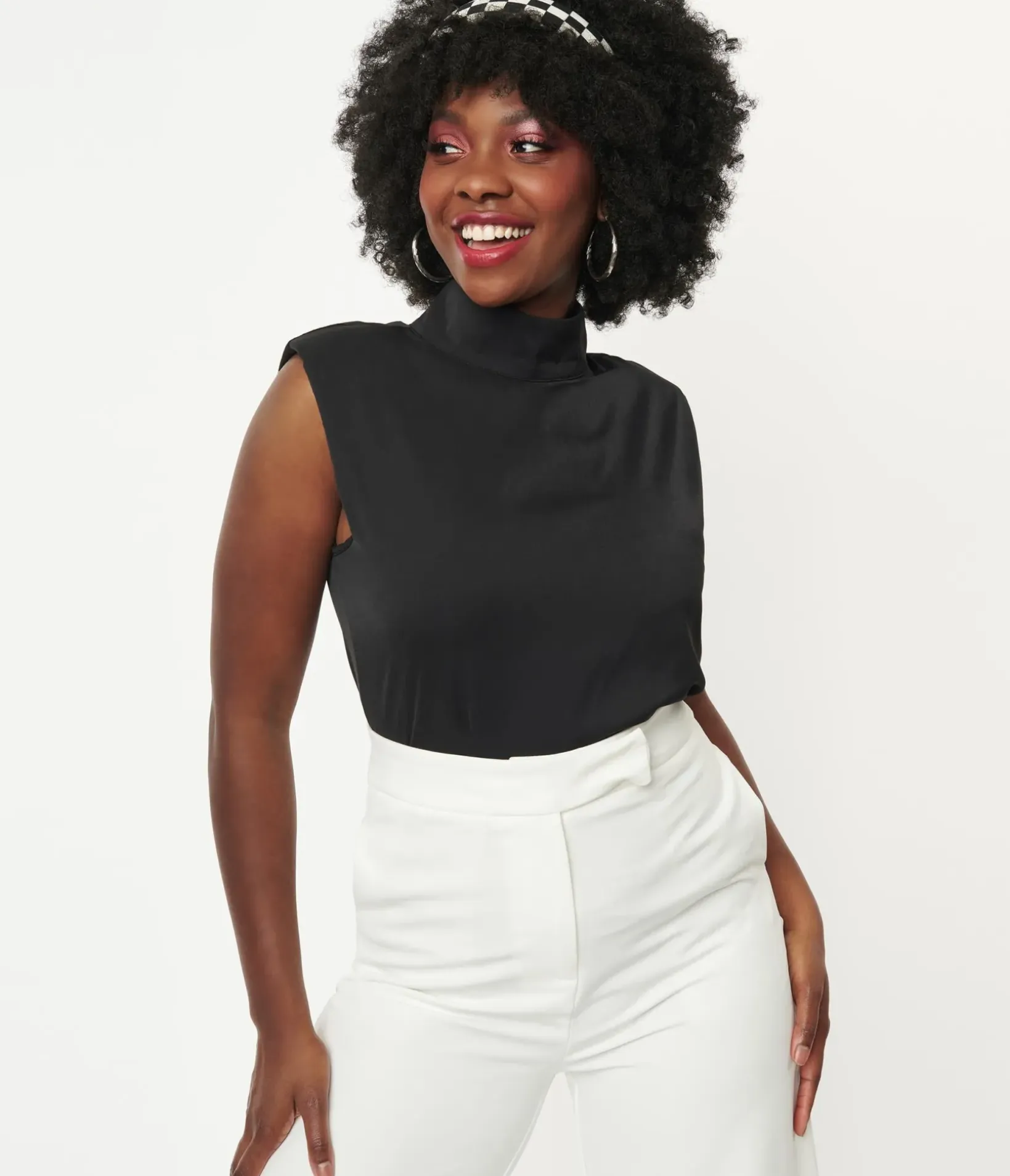 Unique Vintage Blouses>Black Mock Turtleneck Sleeveless Blouse