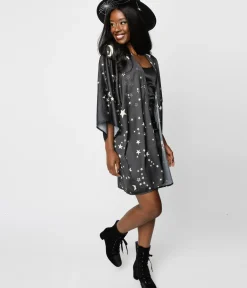 Unique Vintage Jackets|Coats & Jackets>Black Moon & Stars Celestial Witch Kimono