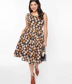 Unique Vintage Swing|Everyday Dresses>Black Multicolor Ditsy Floral Swing Dress