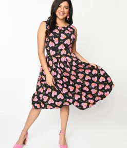 Unique Vintage Swing|Pocket Dresses>Black & Multicolor Floral Hearts Swing Dress