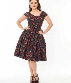 Unique Vintage Swing|Fit & Flare>Black & Multicolor Floral Nova Swing Dress
