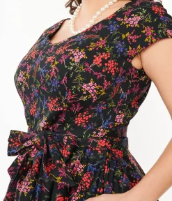 Unique Vintage Swing|Fit & Flare>Black & Multicolor Floral Nova Swing Dress