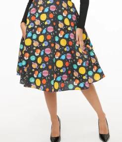 Unique Vintage Skirts>Black & Multicolor Planets Cotton Skirt