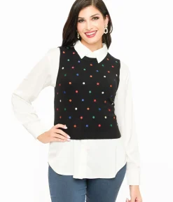 Unique Vintage Sweaters & Cardigans>Black & Multicolor Polka Dot Sweater Vest