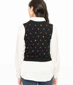 Unique Vintage Sweaters & Cardigans>Black & Multicolor Polka Dot Sweater Vest
