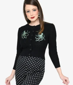 Unique Vintage Sweaters & Cardigans>Black & Octopus Cropped Cardigan