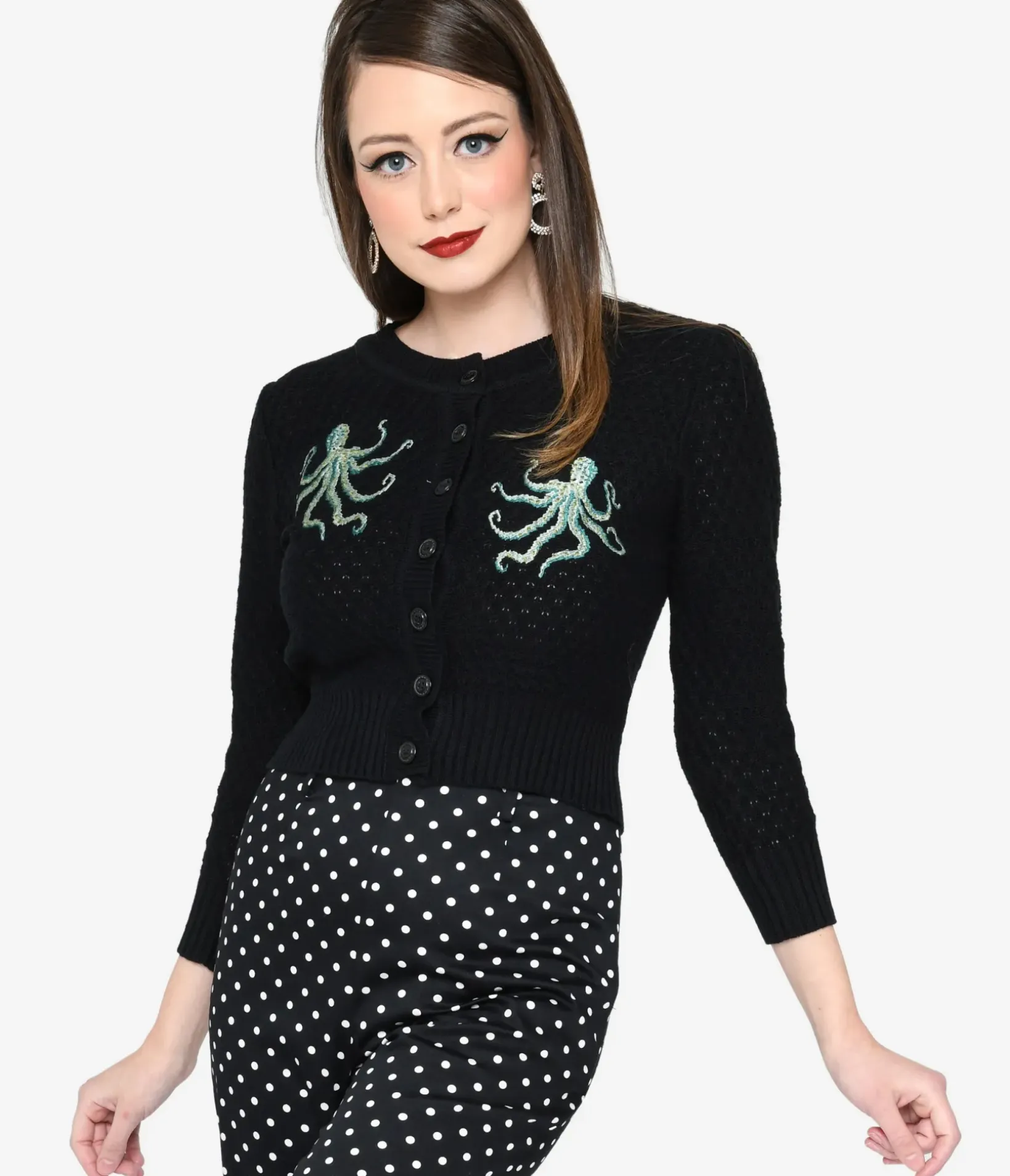 Unique Vintage Sweaters & Cardigans>Black & Octopus Cropped Cardigan