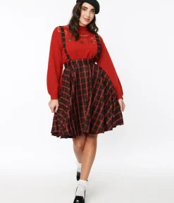 Unique Vintage Skirts|Skirts>Black & Orange Windowpane Suspender Swing Skirt