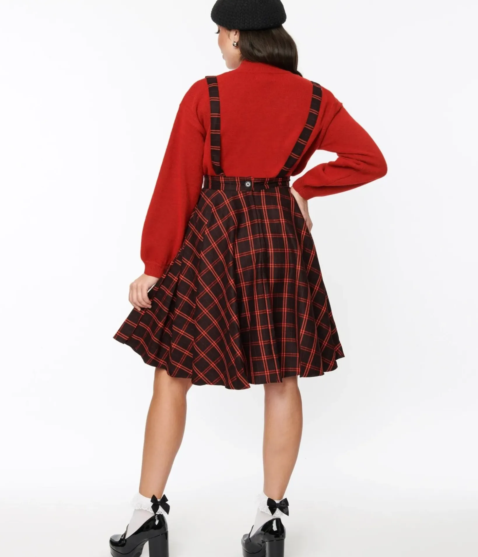 Unique Vintage Skirts|Skirts>Black & Orange Windowpane Suspender Swing Skirt