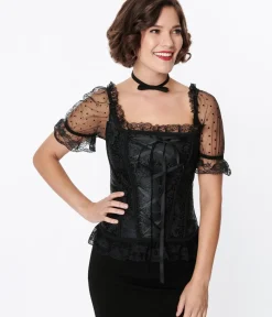 Unique Vintage Blouses|Blouses>Black Paisley Embossed Renaissance Corset Top
