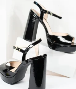 Unique Vintage Heels>Black Patent Leatherette Peep Toe Platforms