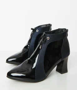 Unique Vintage Boots>Black Patent Leatherette Pointed Toe Booties